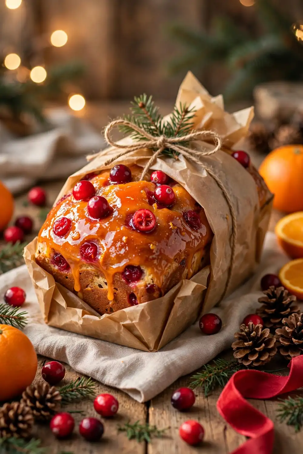 Gift wrapped cranberry orange loaf with twine and evergreen sprig