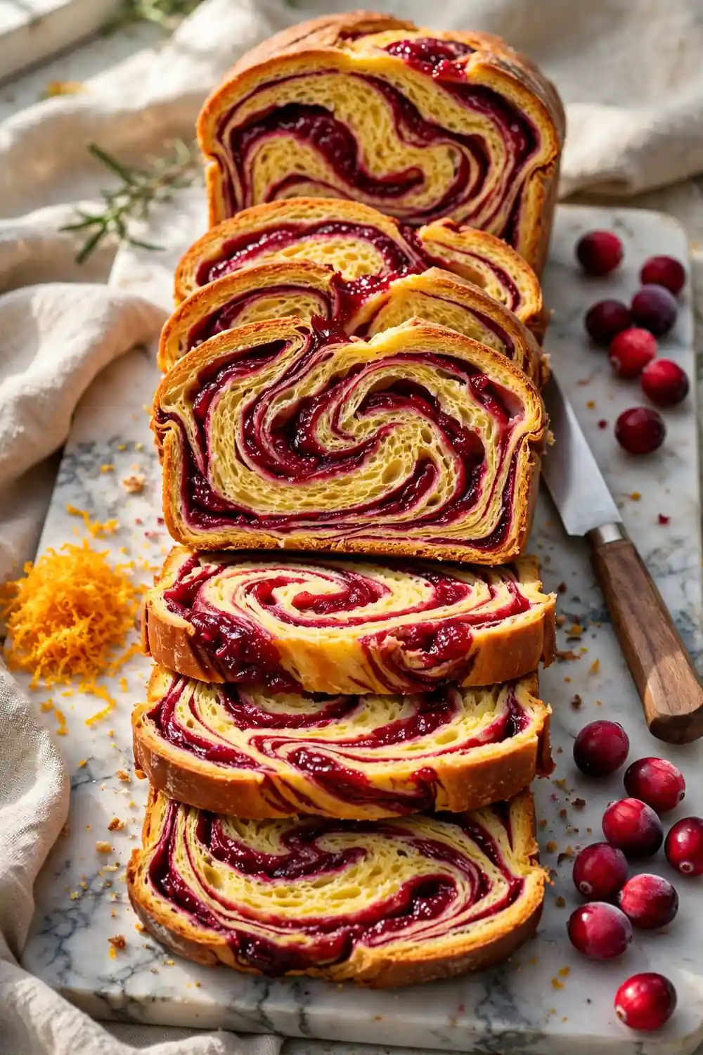 Sliced cranberry orange loaf with ruby berry swirl marbling