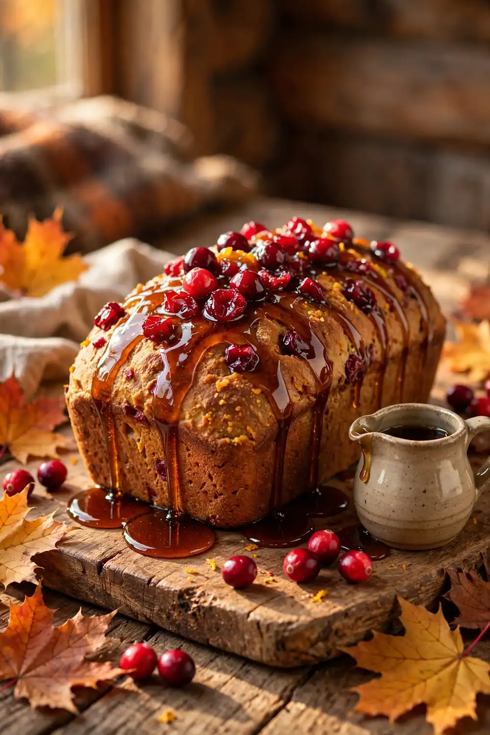 Cranberry orange loaf with glossy maple syrup drizzle