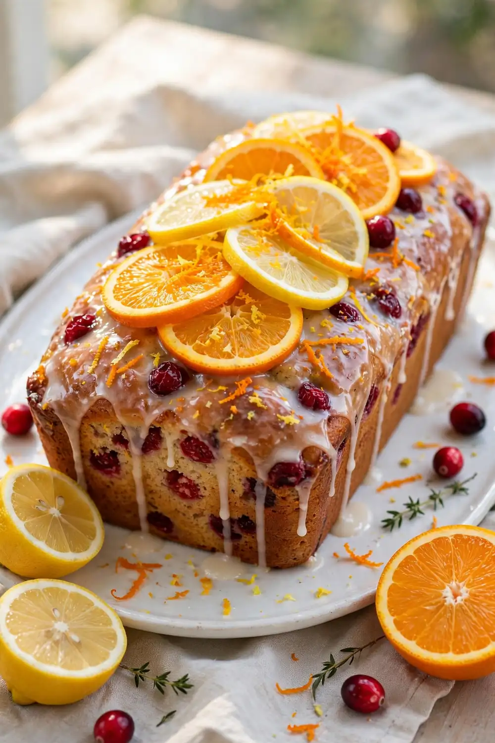 Cranberry orange loaf with citrus glaze and orange and lemon slices