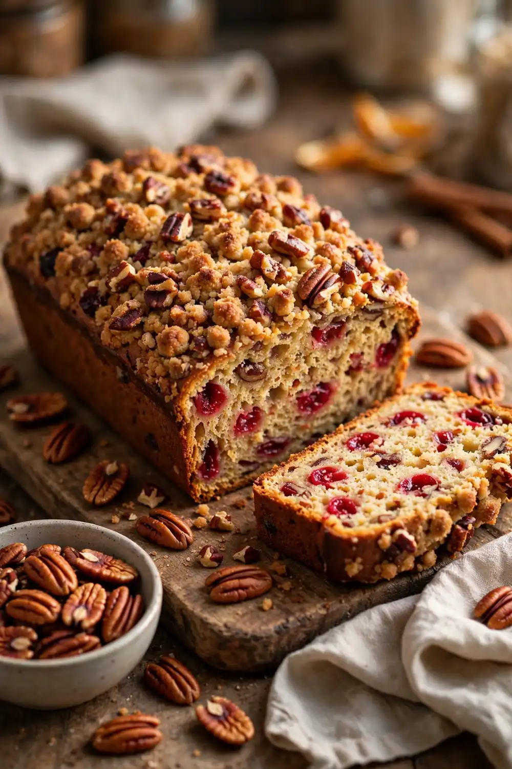 Cranberry orange loaf with golden pecan crumble topping