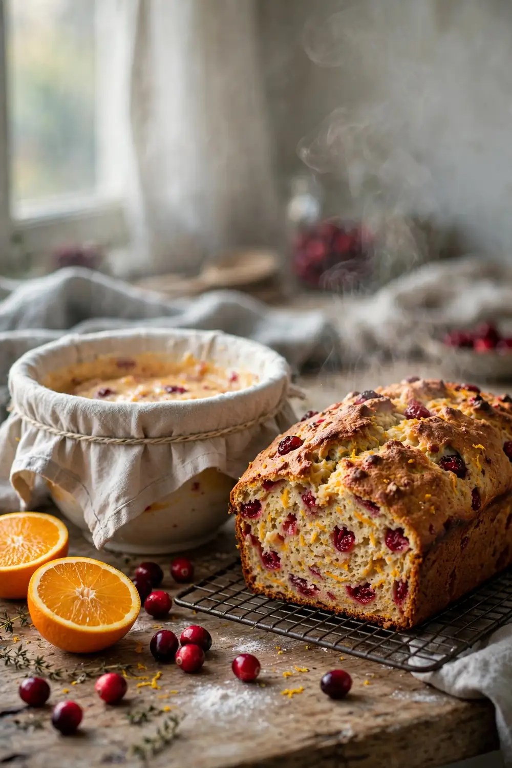 Fresh cranberry orange loaf beside a bowl of overnight batter
