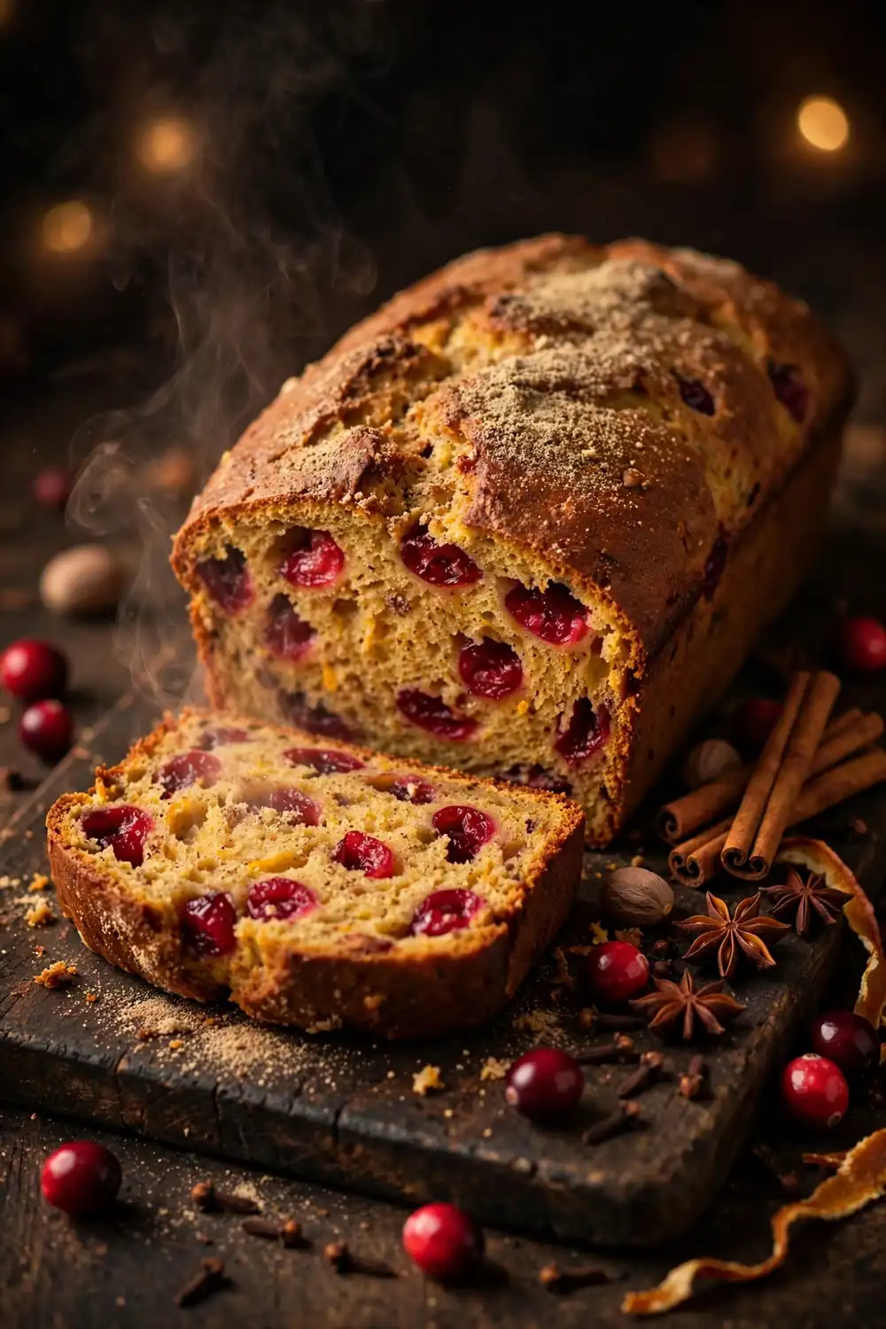 Spiced cranberry orange loaf with cinnamon sticks and star anise