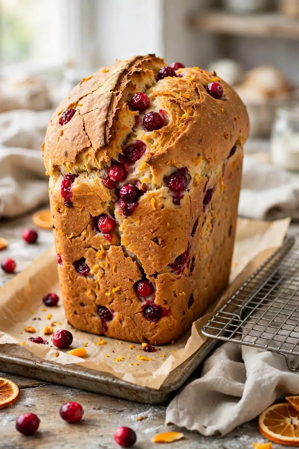 Tall domed cranberry orange loaf with a rustic cracked top