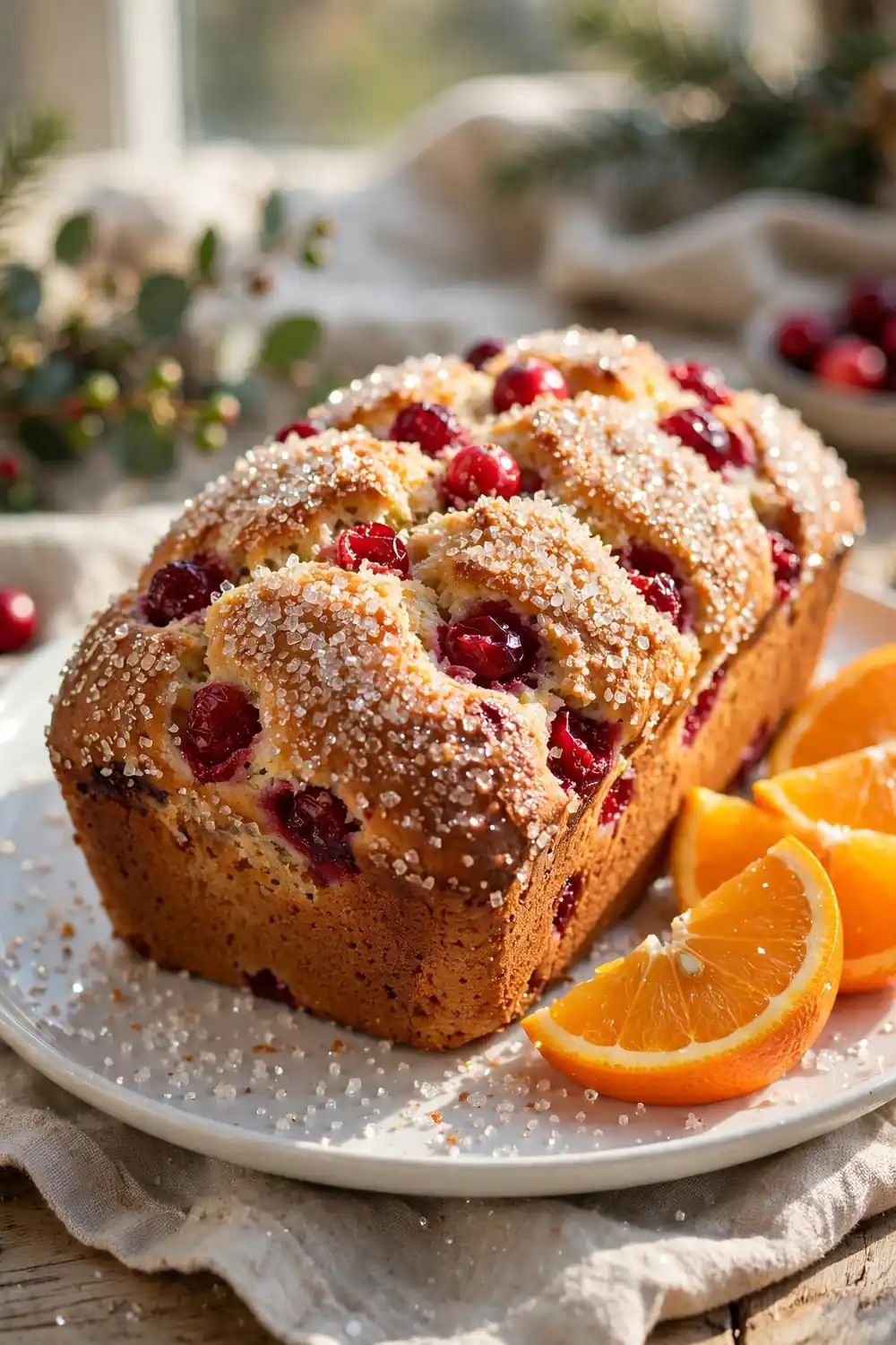 Cranberry orange loaf with sparkling sugar crystal crust