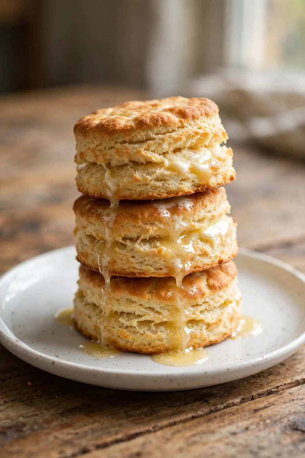 Fluffy homemade biscuits with heavy cream stacked on a plate with melting butter