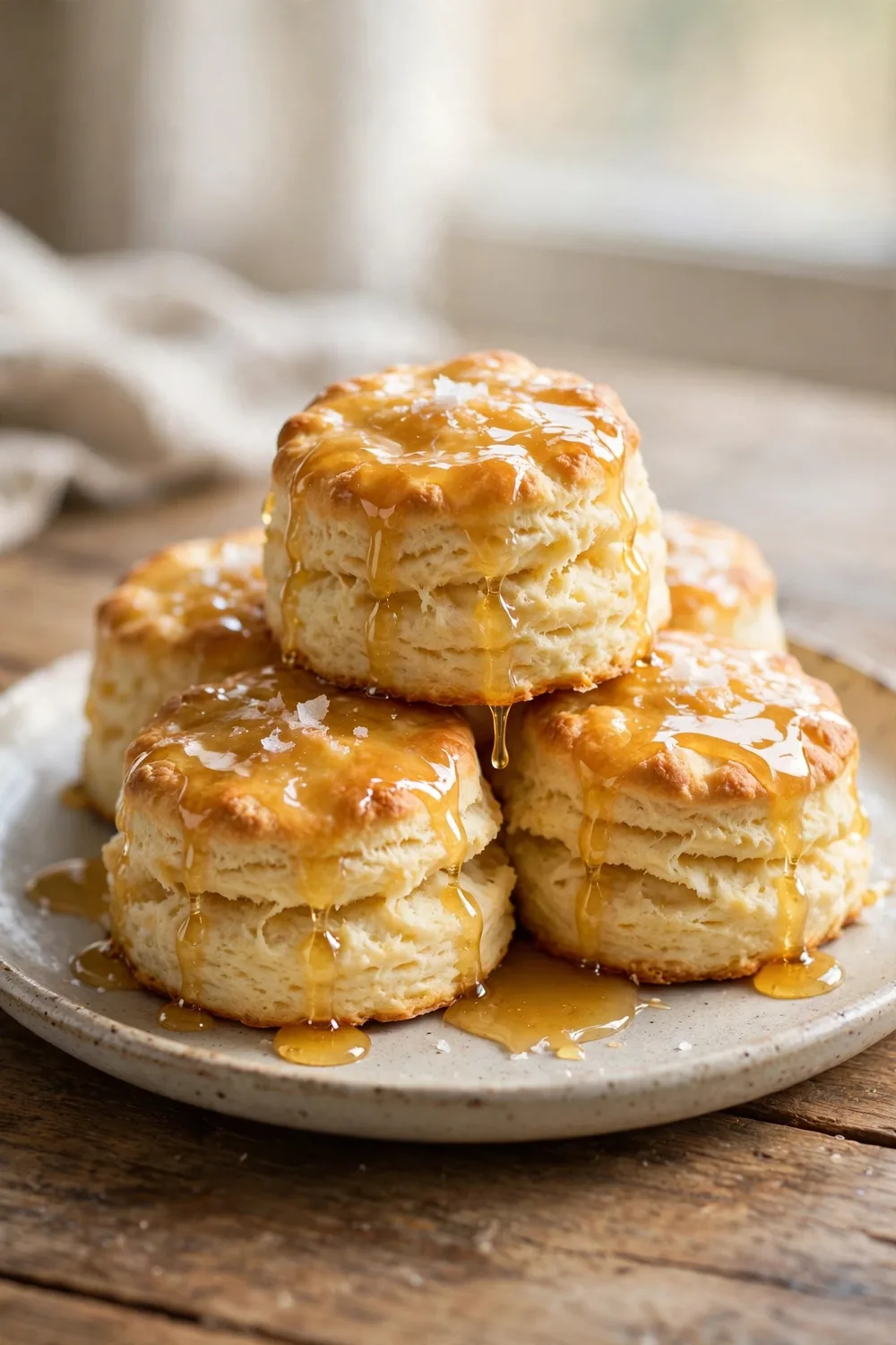 Fluffy homemade biscuits with heavy cream brushed with honey butter