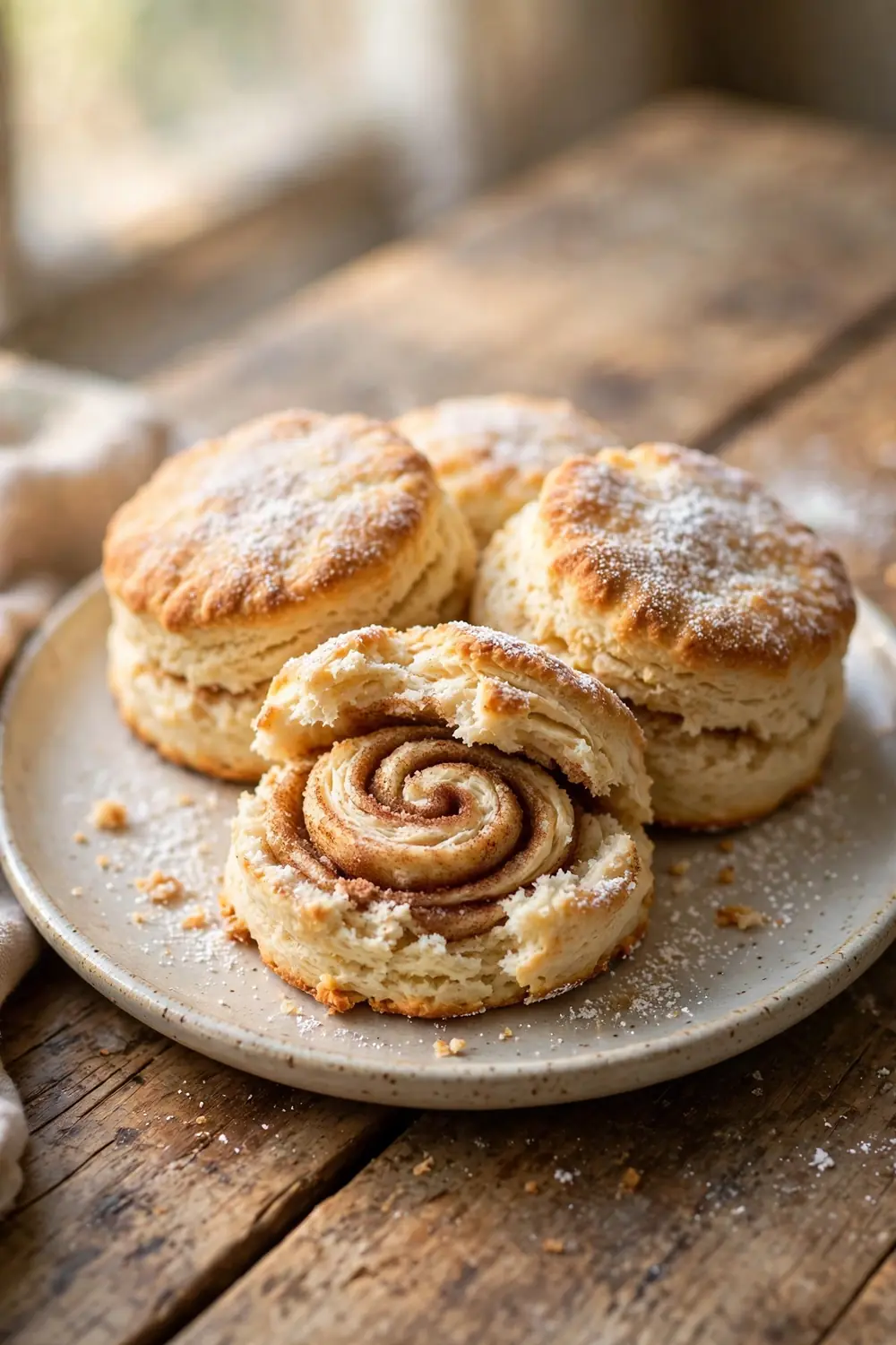 Fluffy homemade biscuits with heavy cream swirled with cinnamon sugar