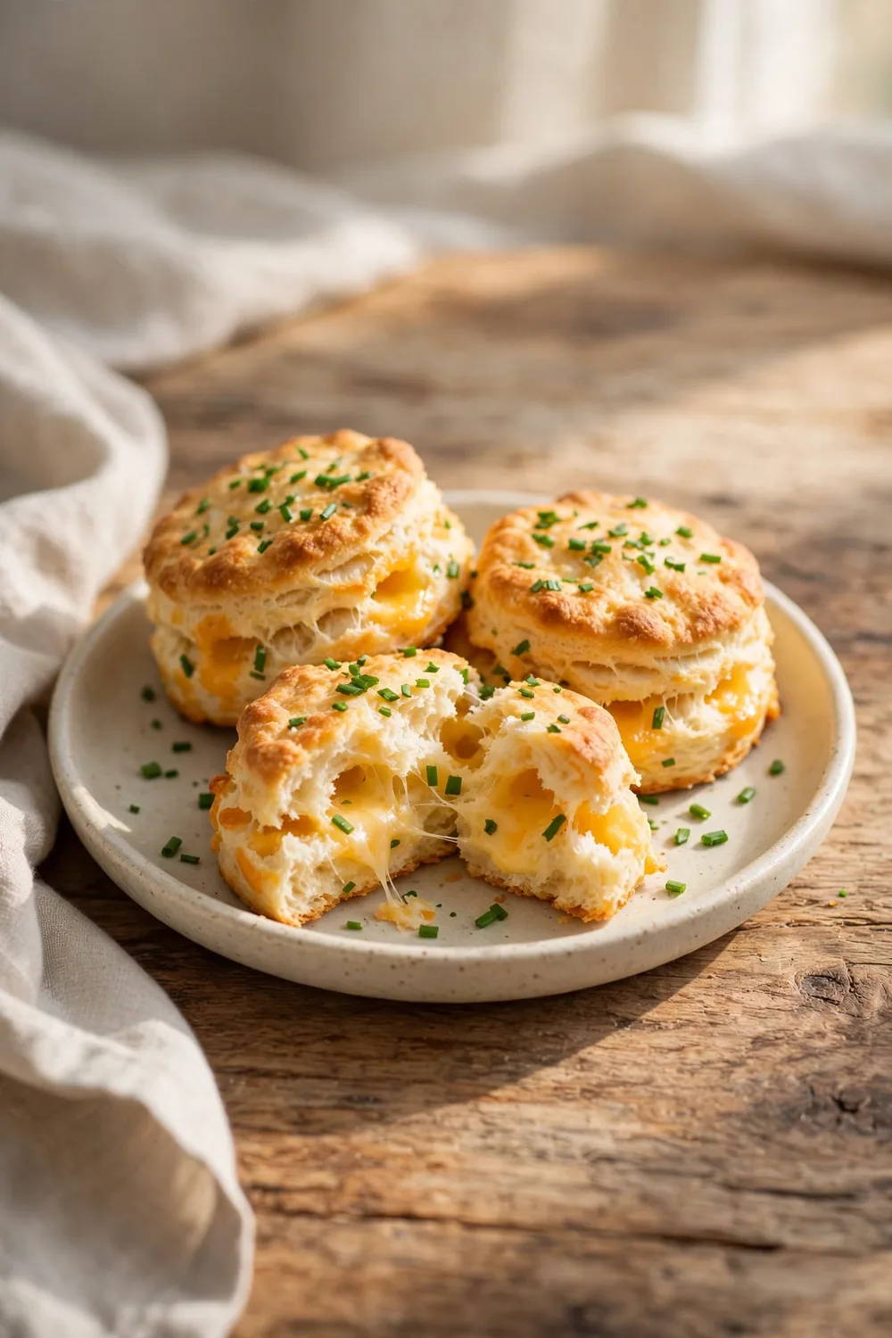 Fluffy homemade biscuits with heavy cream baked with cheddar and chives