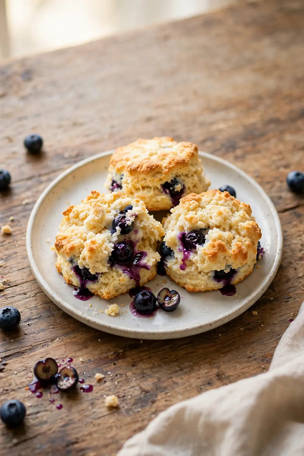 Fluffy homemade biscuits with heavy cream studded with blueberries