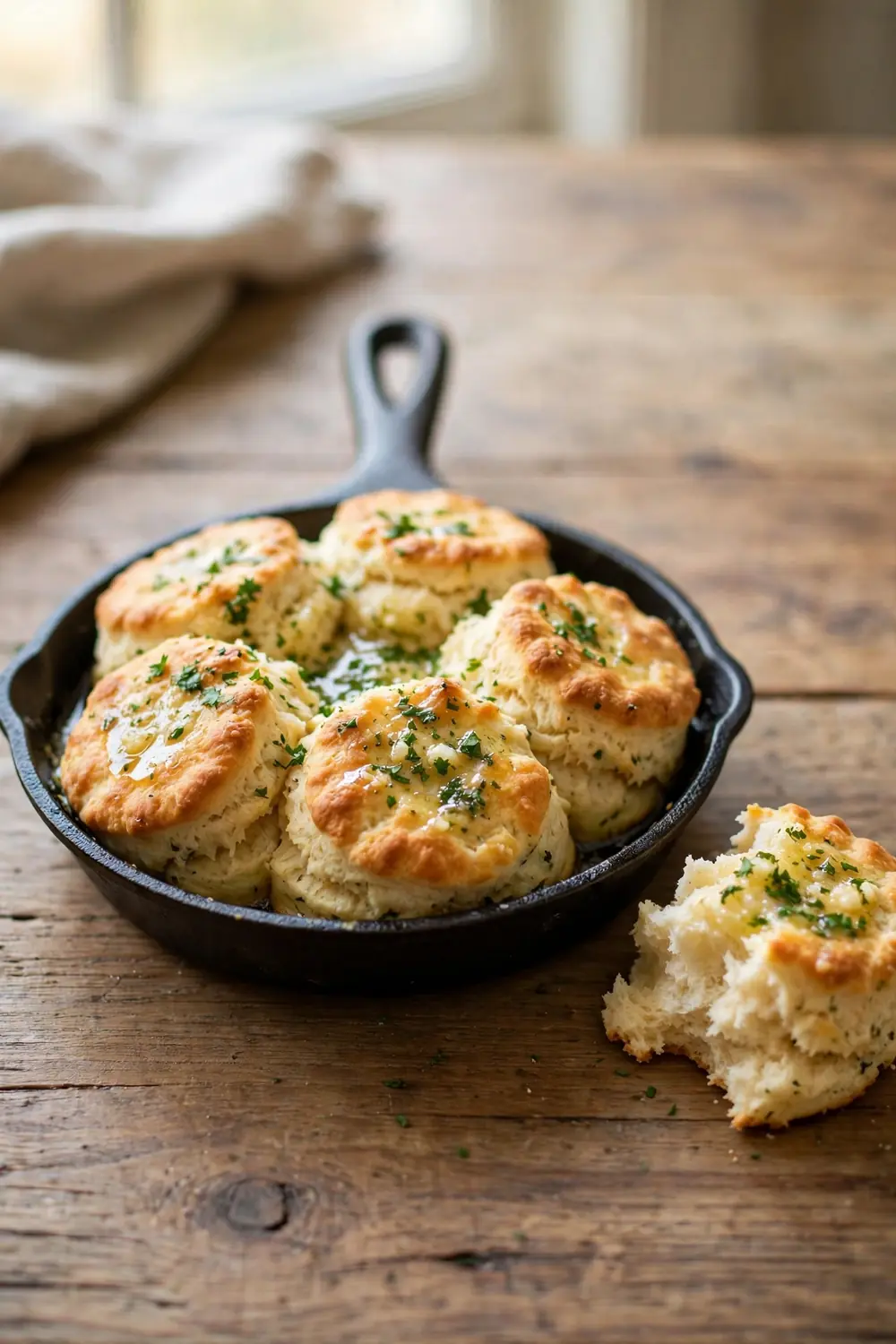 Fluffy homemade biscuits with heavy cream as garlic herb pull-aparts in a skillet