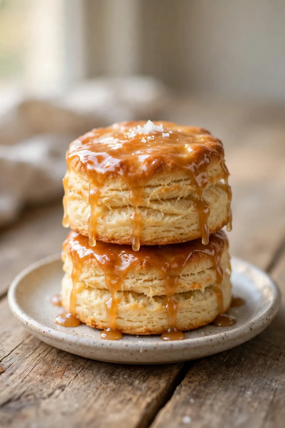 Fluffy homemade biscuits with heavy cream stacked with maple glaze