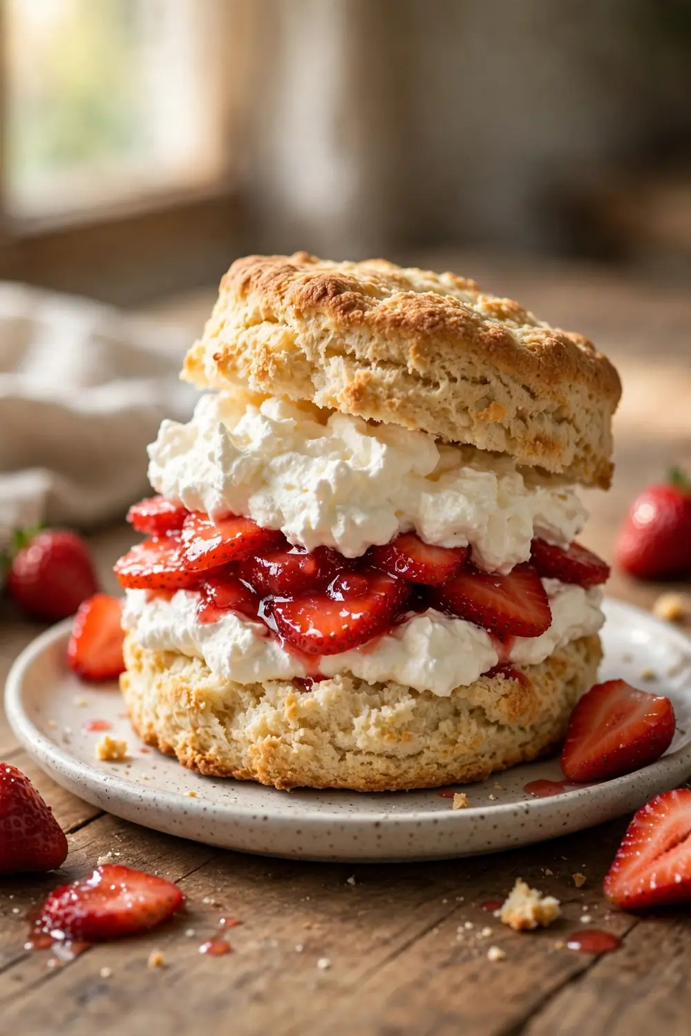 Fluffy homemade biscuits with heavy cream split with strawberries and whipped cream