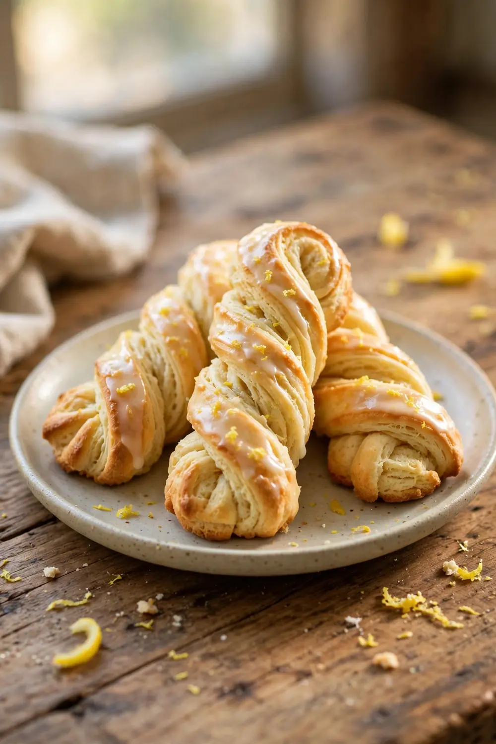 Fluffy homemade biscuits with heavy cream twisted with lemon zest and glaze