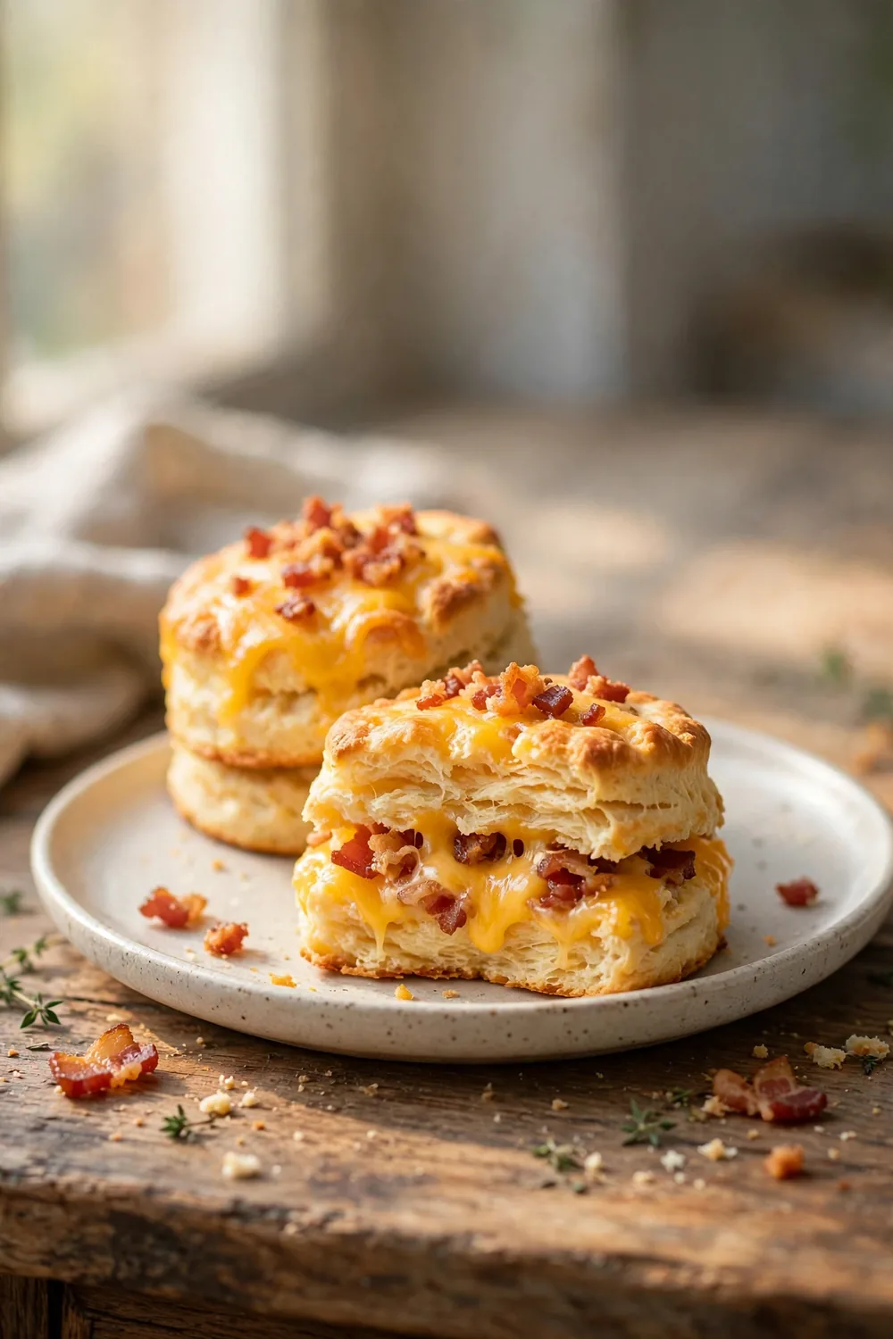 Fluffy homemade biscuits with heavy cream layered with bacon and cheddar