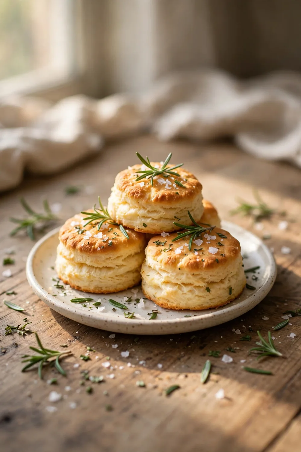 Fluffy homemade biscuits with heavy cream topped with rosemary and sea salt