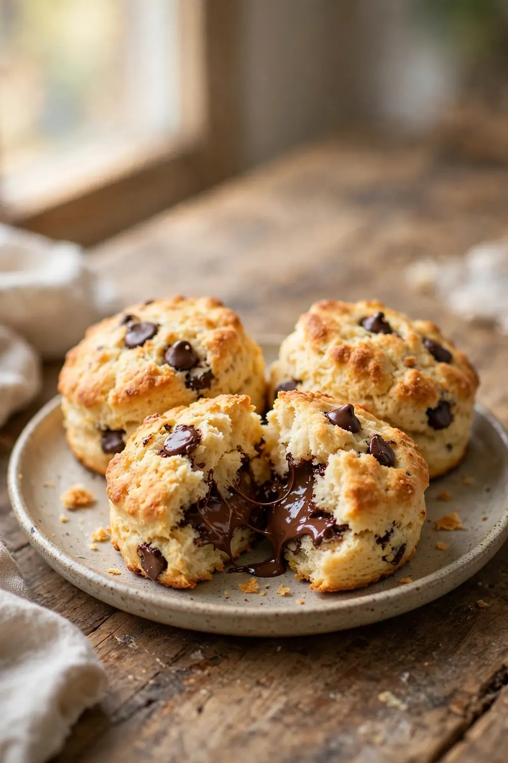 Fluffy homemade biscuits with heavy cream baked with chocolate chips