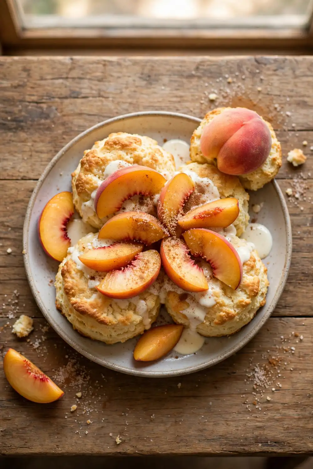 Fluffy homemade biscuits with heavy cream topped with peach slices and cinnamon sugar