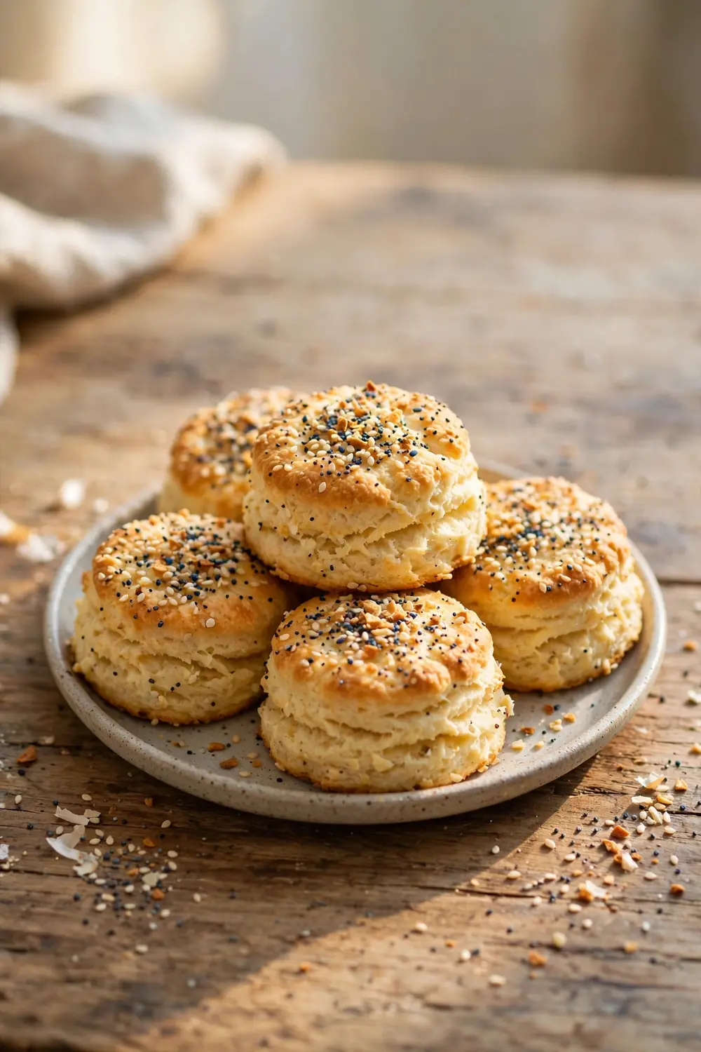 Fluffy homemade biscuits with heavy cream topped with everything bagel seasoning