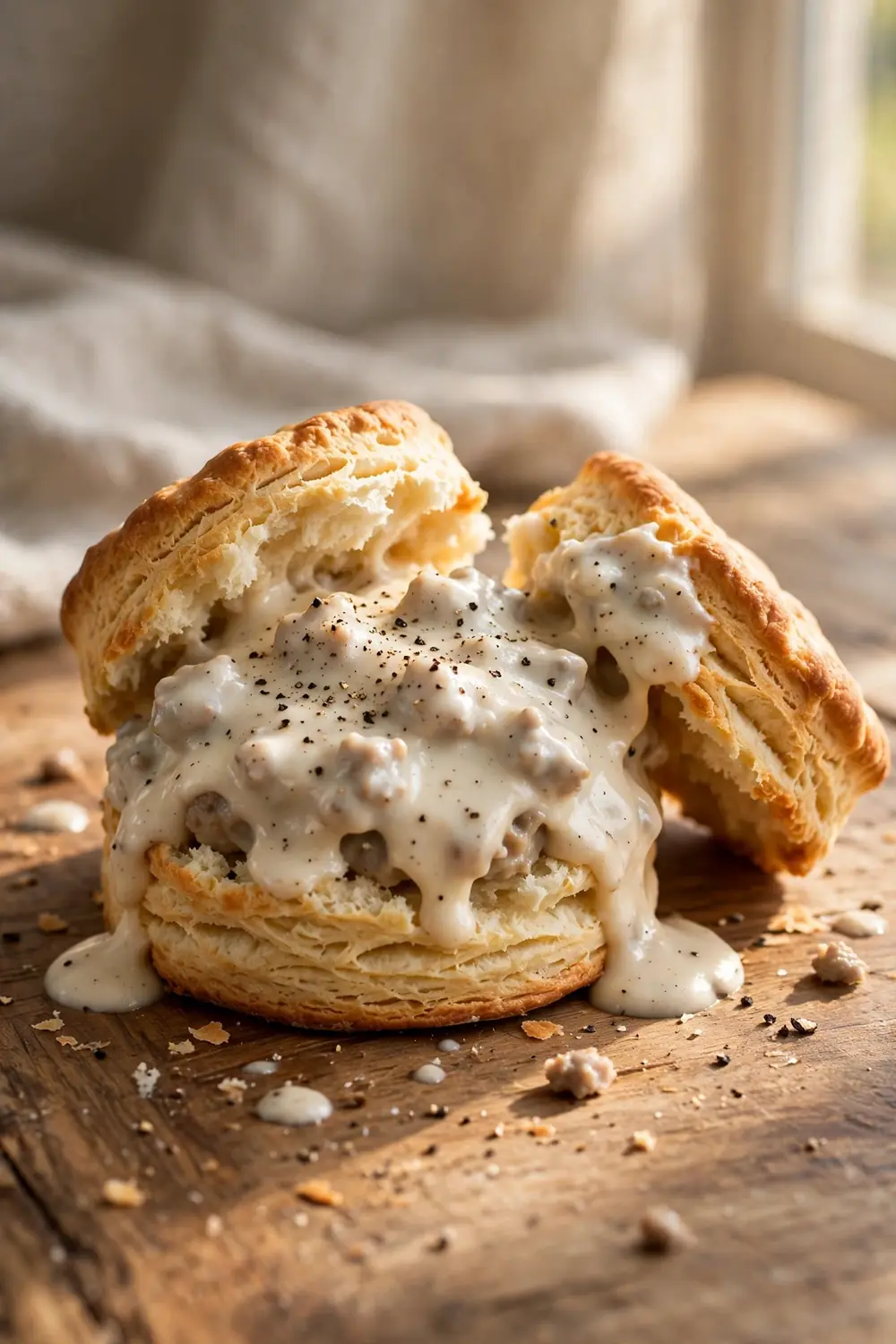 Fluffy homemade biscuits with heavy cream split and covered with sausage gravy