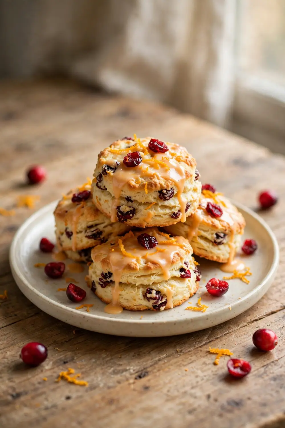 Fluffy homemade biscuits with heavy cream baked with cranberries and orange zest