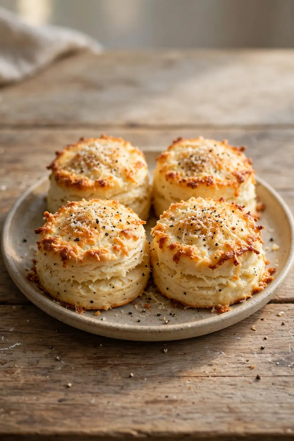 Fluffy homemade biscuits with heavy cream baked with parmesan and black pepper