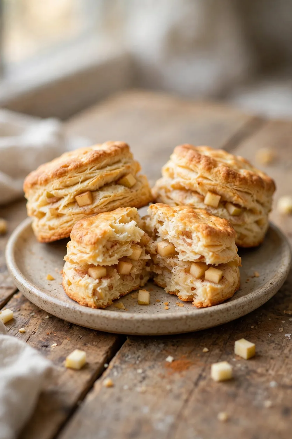 Fluffy homemade biscuits with heavy cream folded with apple and cinnamon