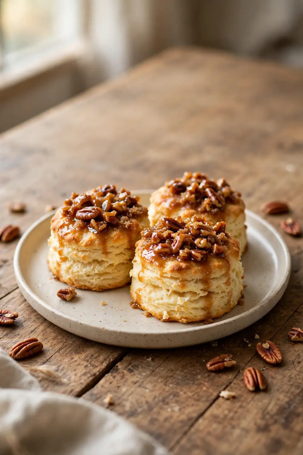 Fluffy homemade biscuits with heavy cream topped with brown sugar and pecans