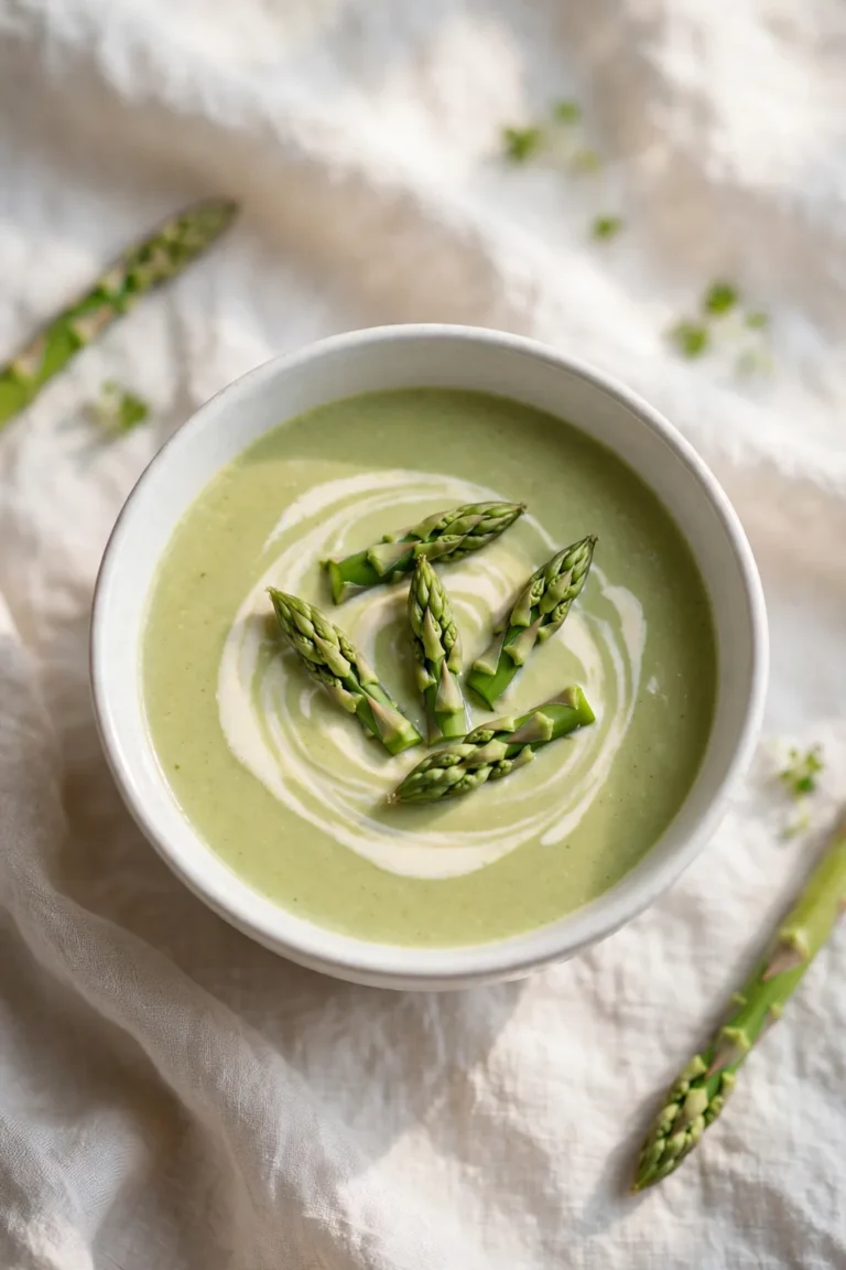 Creamy asparagus soup in a white bowl with a swirl of cream and asparagus tips