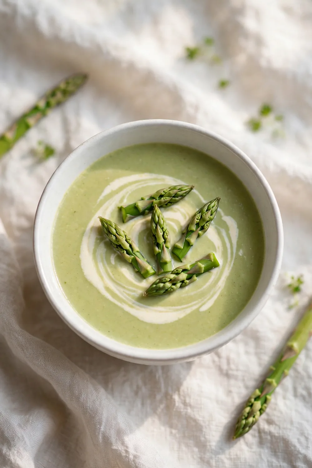 Creamy asparagus soup in a white bowl with a swirl of cream and asparagus tips