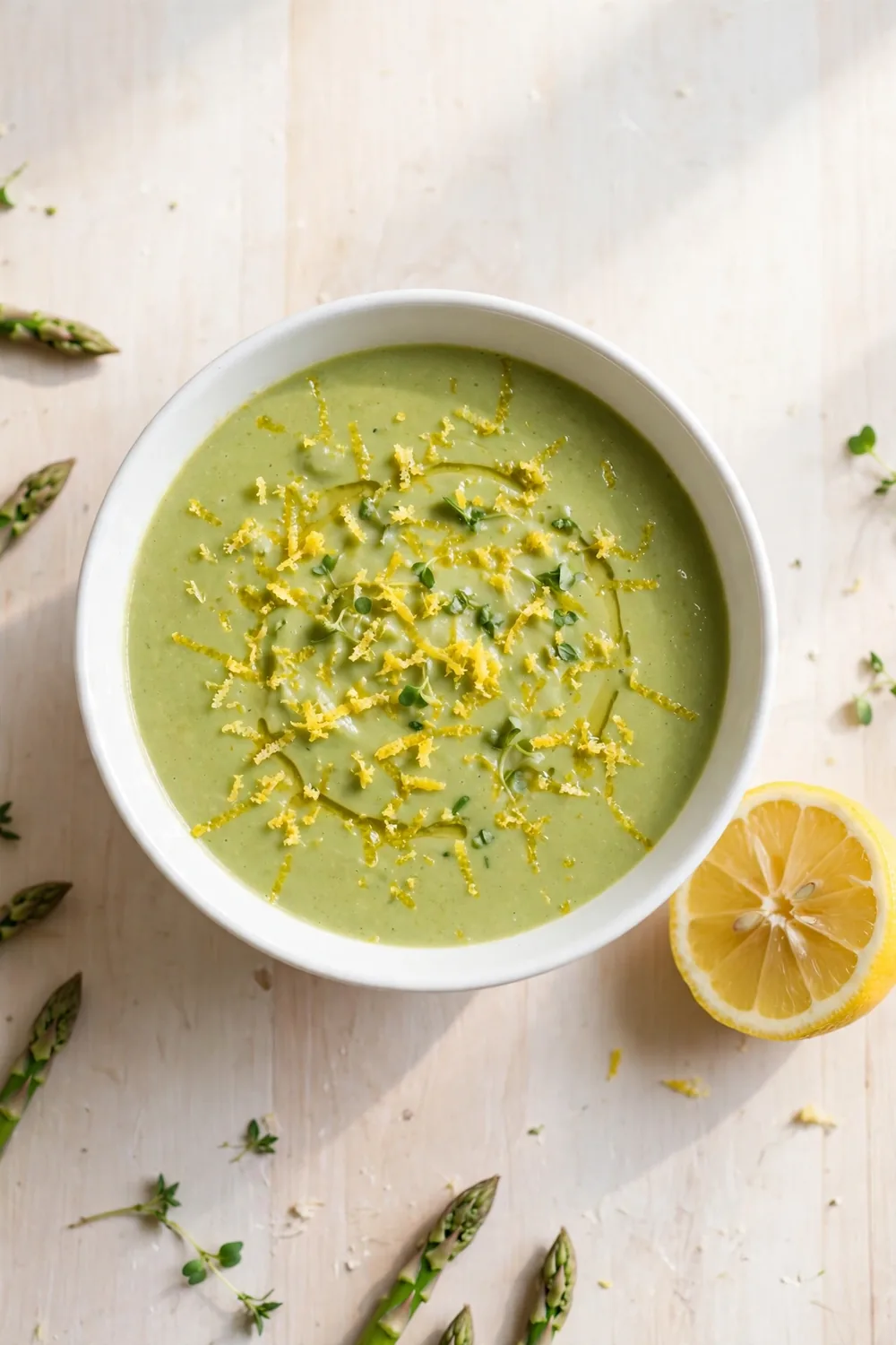 Creamy asparagus soup with lemon zest and a lemon wedge beside the bowl
