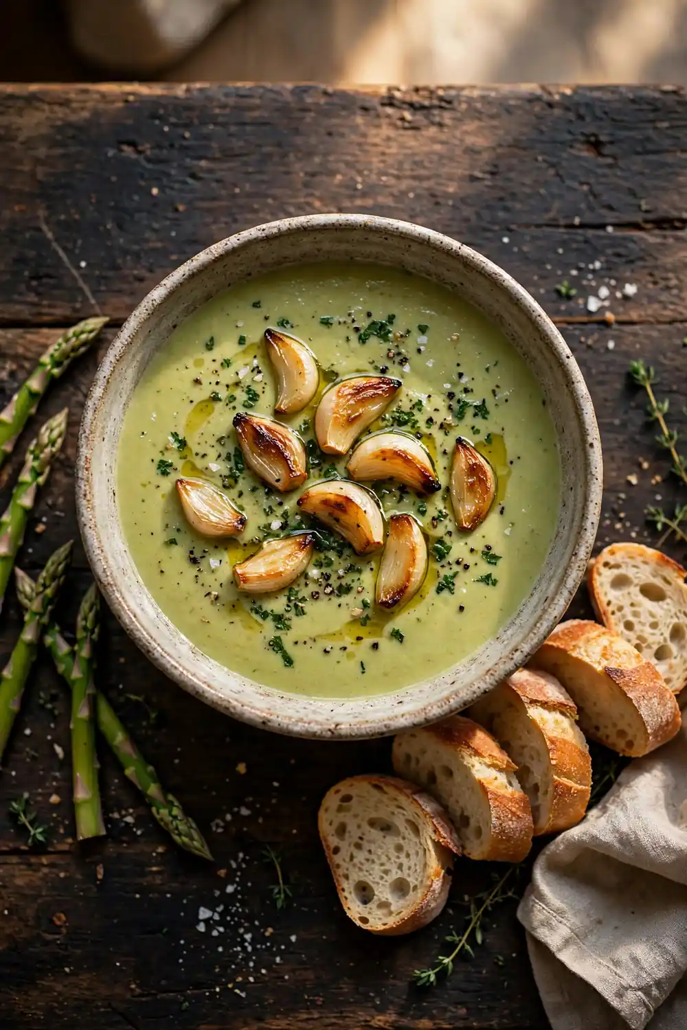 Creamy asparagus soup with roasted garlic cloves and crusty bread