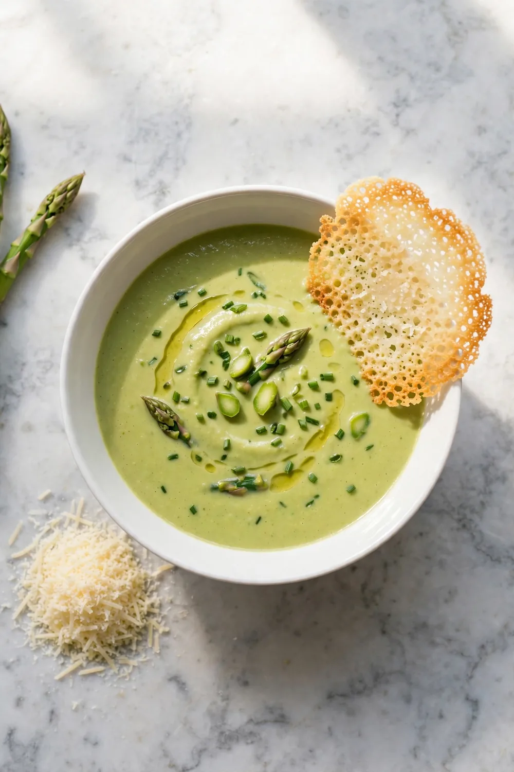 Creamy asparagus soup topped with a golden parmesan crisp