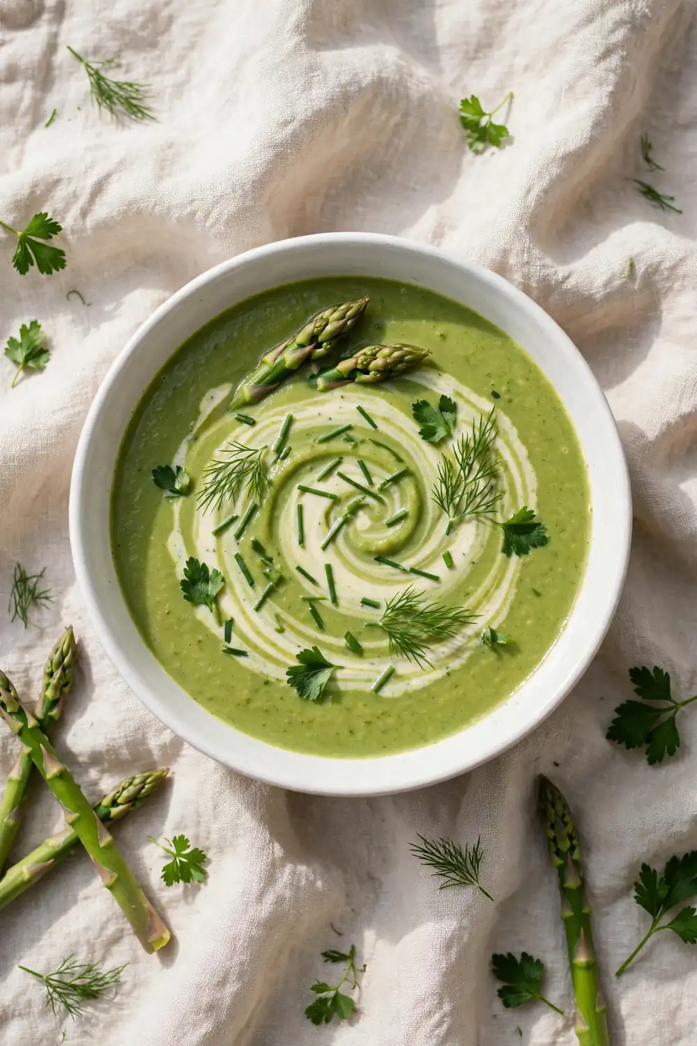 Creamy asparagus soup with a swirl of herbed cream and fresh herbs
