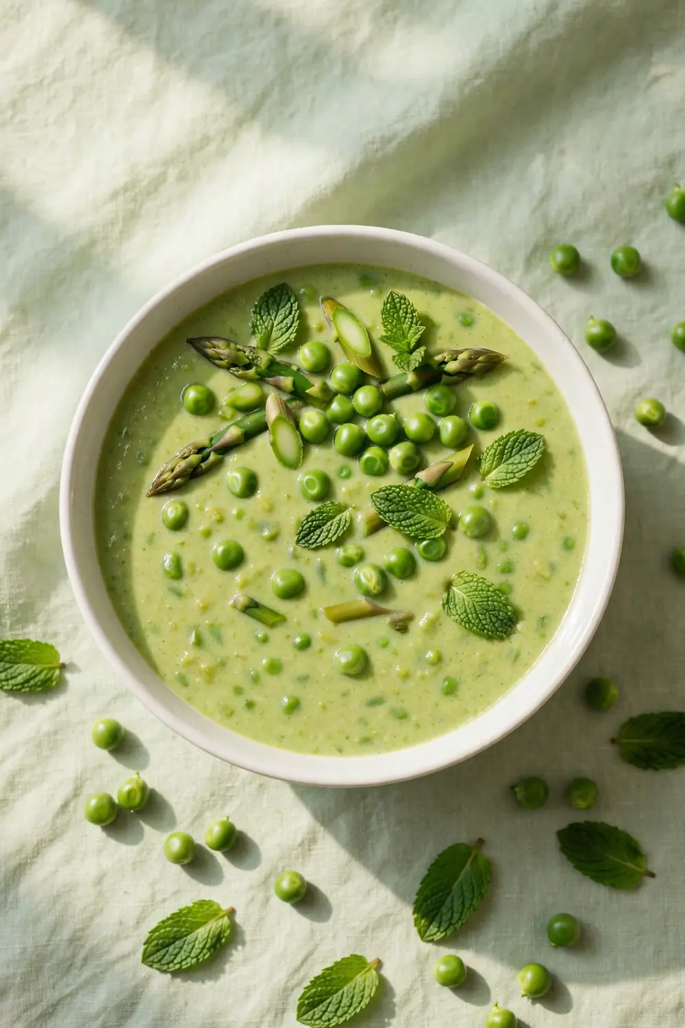 Creamy asparagus and pea soup in a bowl with peas and mint