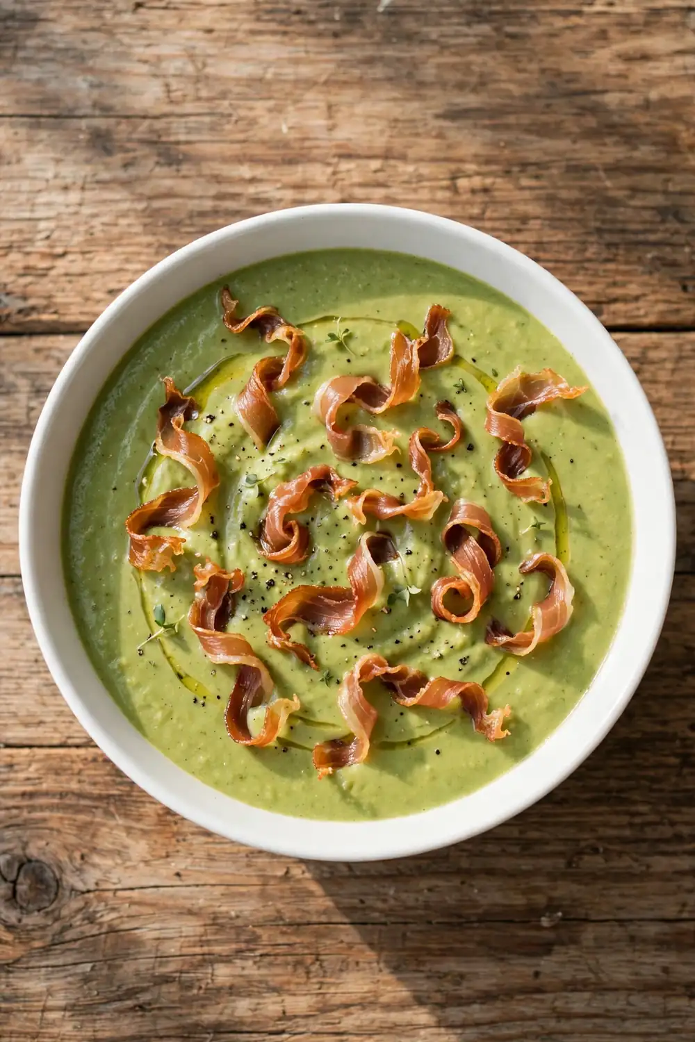 Creamy asparagus soup topped with crispy prosciutto ribbons