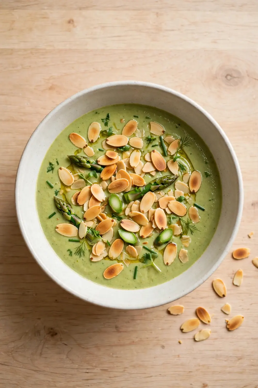Creamy asparagus soup with toasted sliced almonds scattered on top