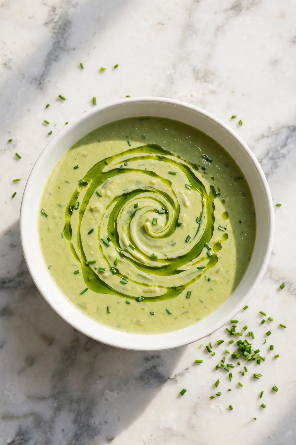 Creamy asparagus soup with a drizzle of green chive oil