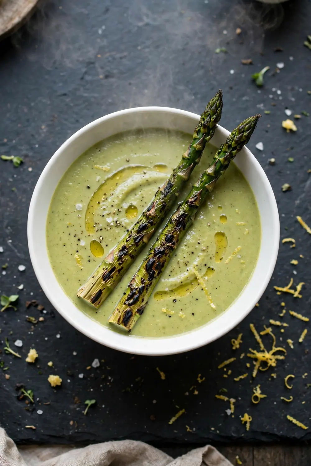 Creamy asparagus soup topped with grilled asparagus spears