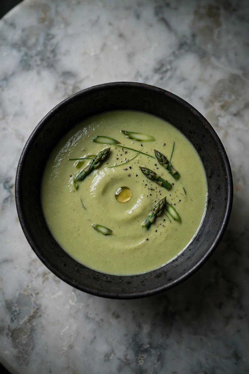 Creamy asparagus soup finished with a drop of truffle oil