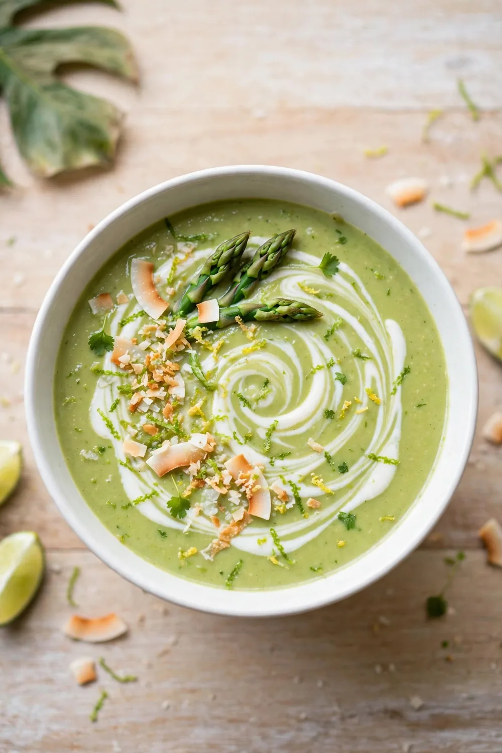 Creamy asparagus soup made with coconut cream and lime zest