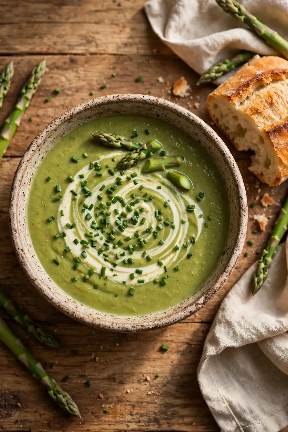 Creamy asparagus soup thickened with potato in a rustic bowl