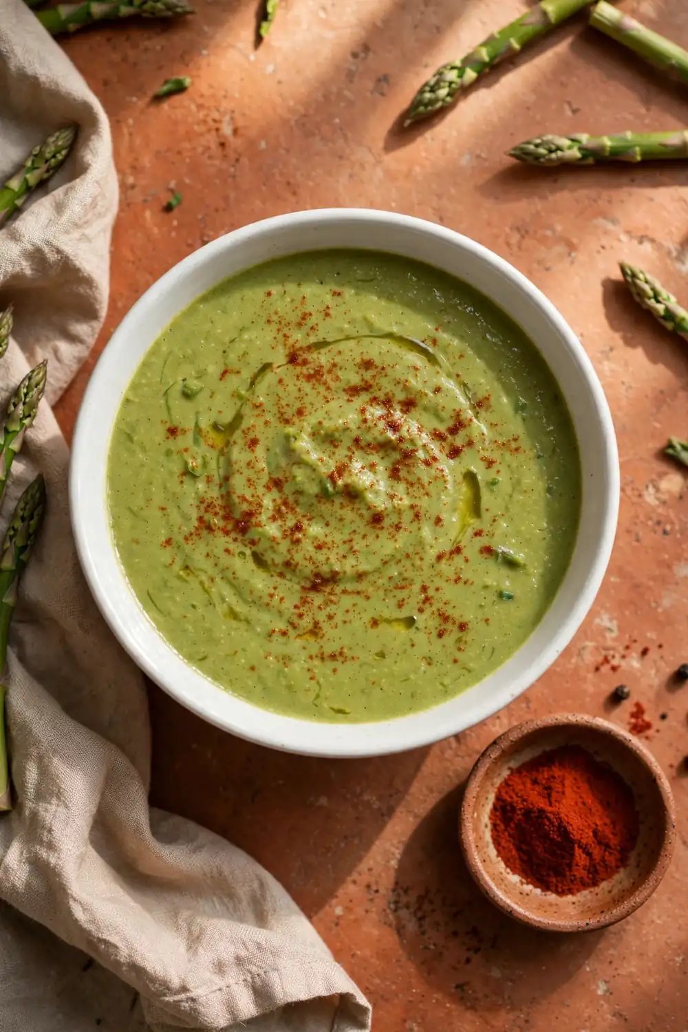 Creamy asparagus soup dusted with smoked paprika