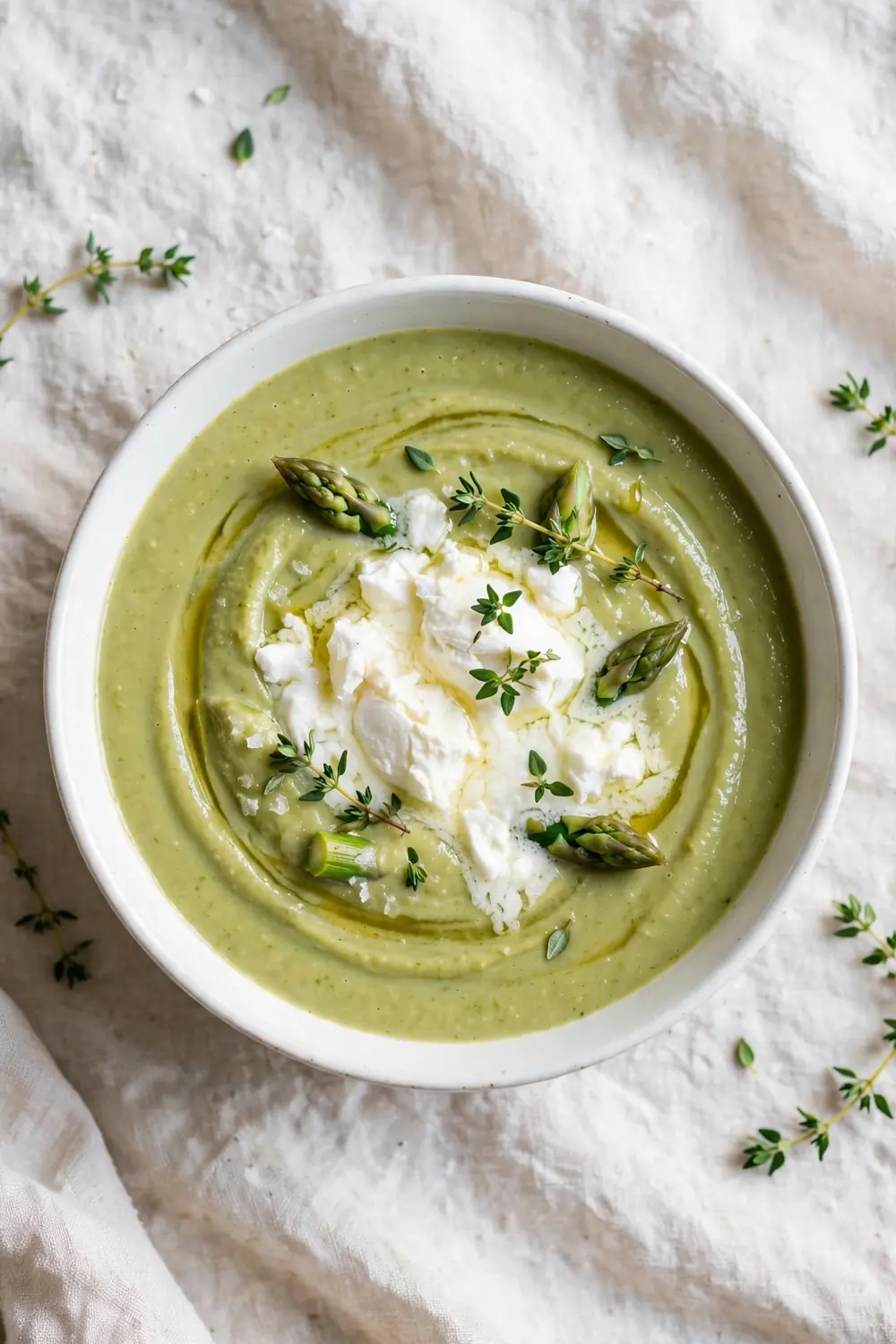 Creamy asparagus soup with a dollop of goat cheese and thyme