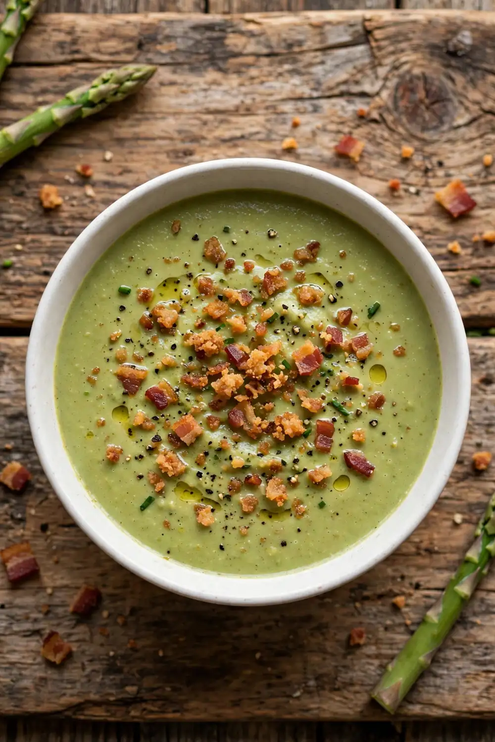 Creamy asparagus soup topped with bacon crumble