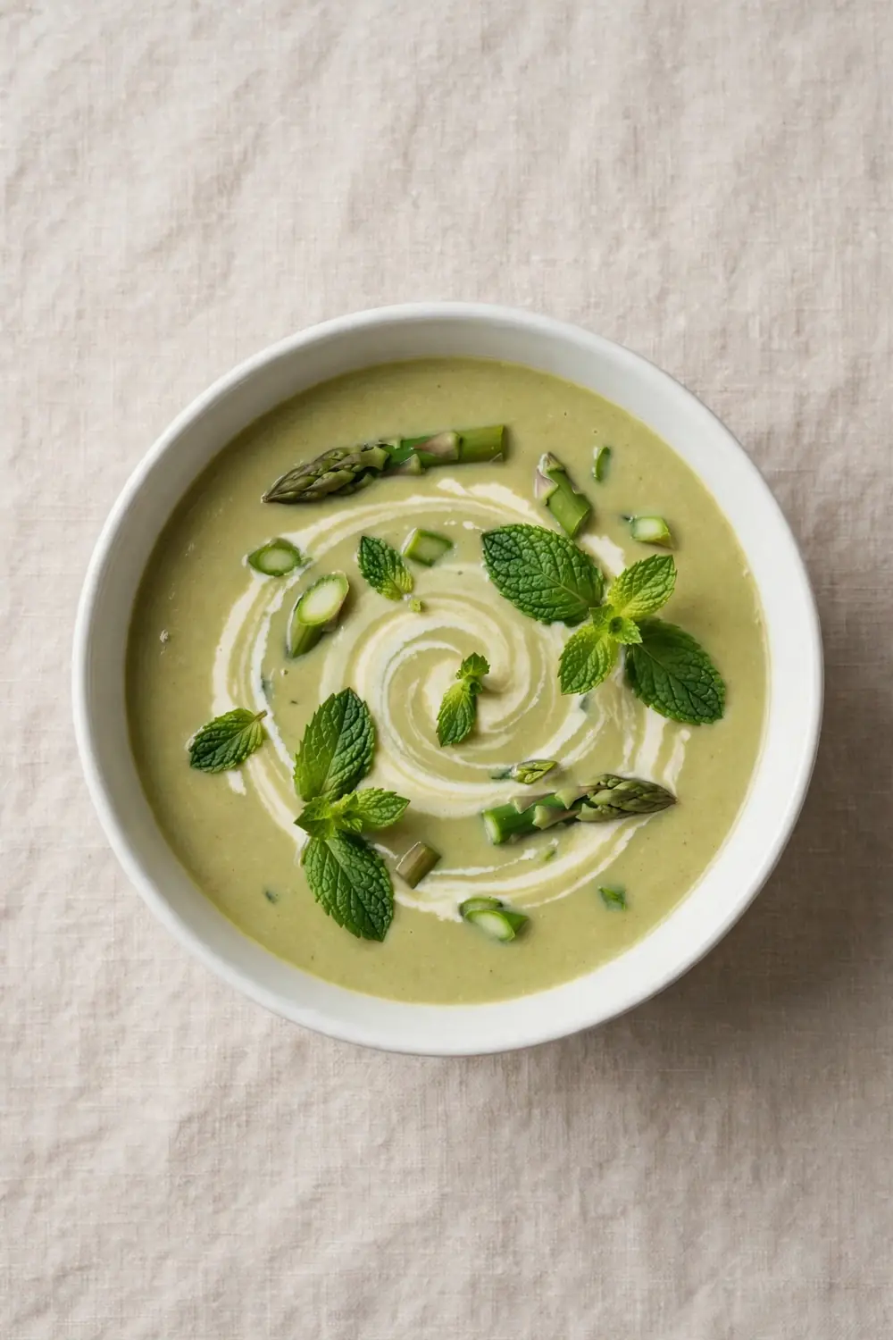 Creamy asparagus soup with fresh mint leaves and cream