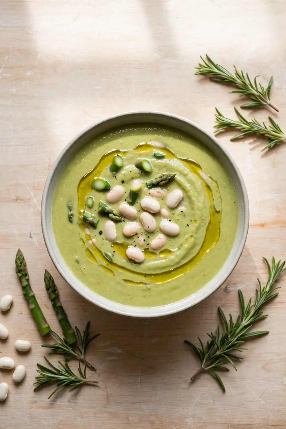 Creamy asparagus soup with white beans and olive oil drizzle