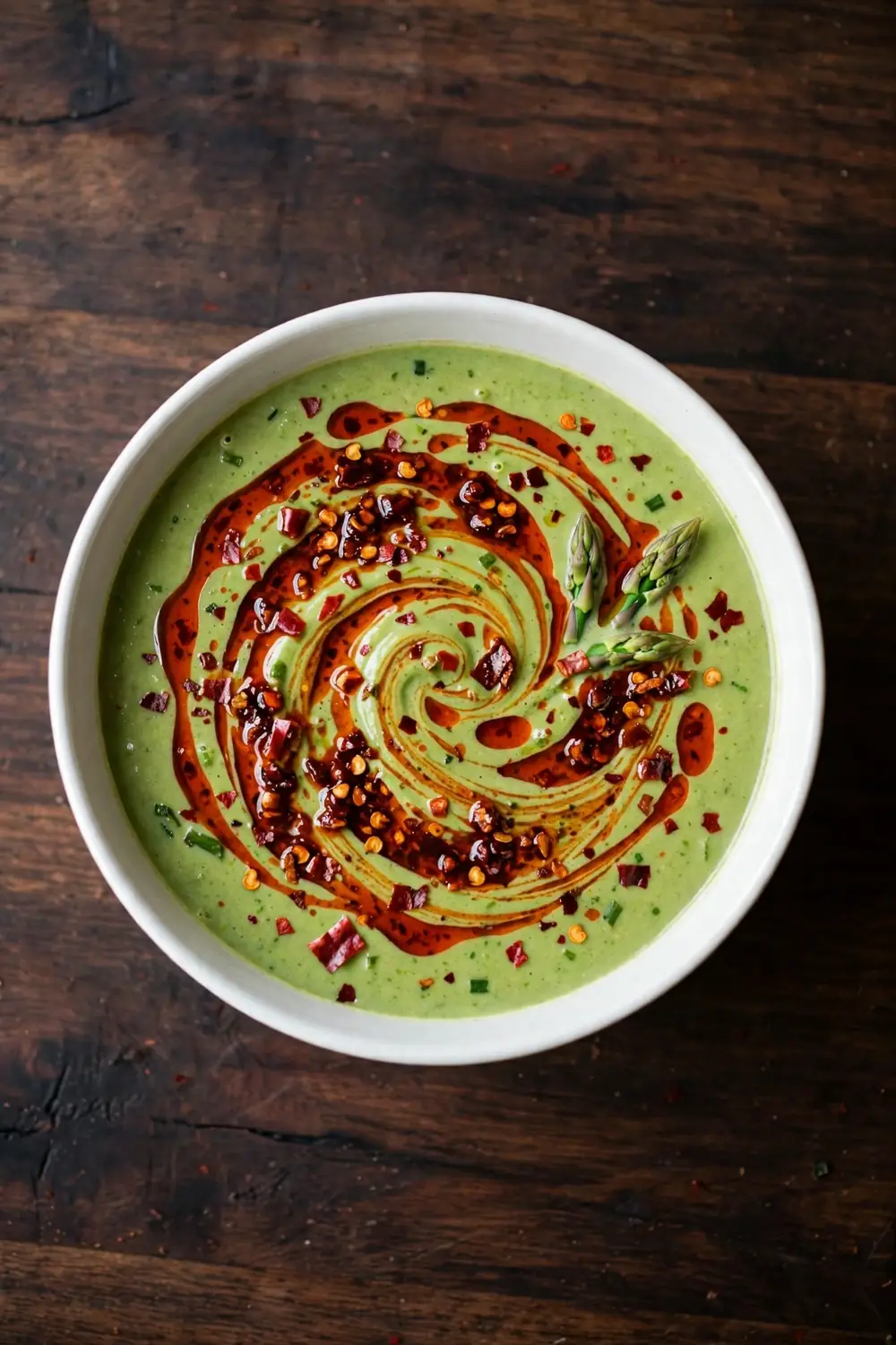 Creamy asparagus soup with chili crisp and red oil swirl