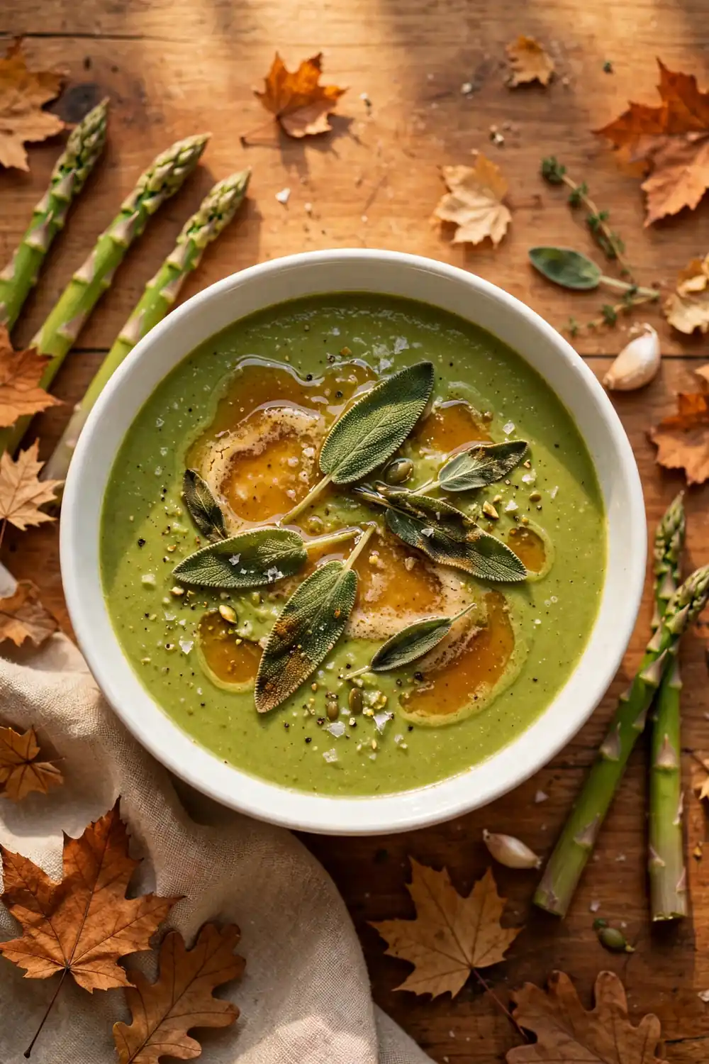 Creamy asparagus soup with brown butter and crisp sage leaves