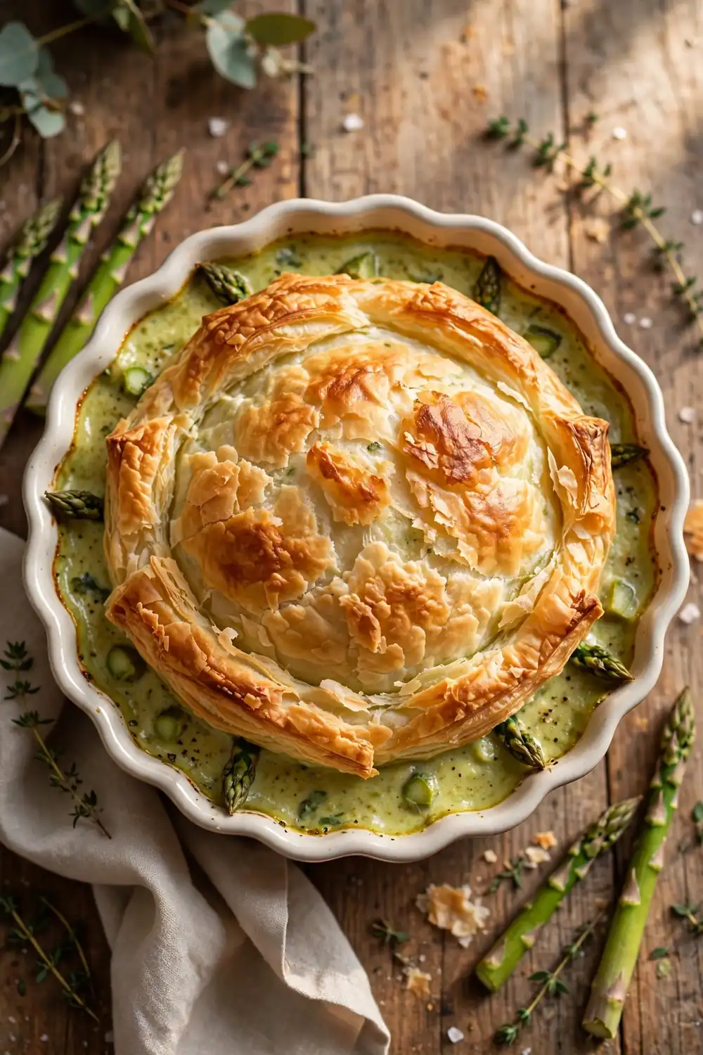 Creamy asparagus soup baked under a golden puff pastry lid